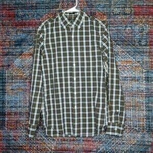 JCREW mens navy green white brown SLIM FLEX plaid button S EUC